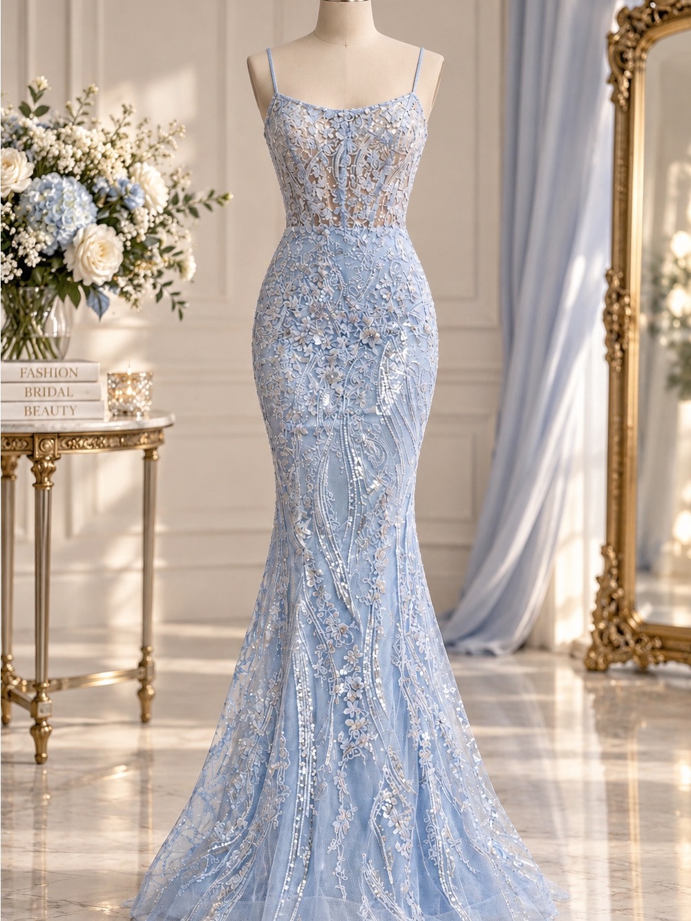 Sherri Hill Light Blue Lace Mermaid Gown with 3D Floral Embroidery